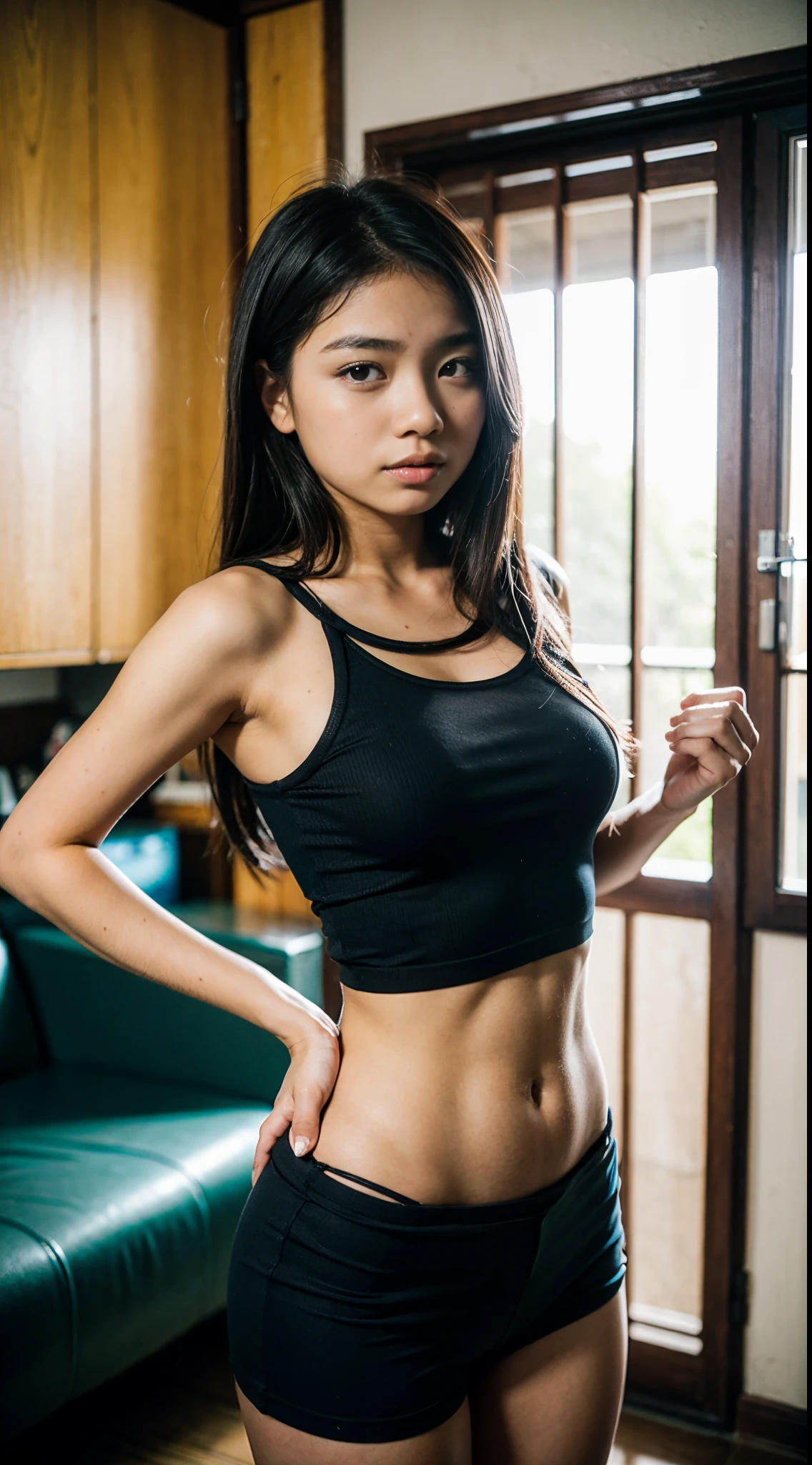 Young girl from Indonesia, cabelos grandes, corpo atletico, Usando roupas chamativas, imagem de corpo inteiro, seios grandes, em casa na sala,