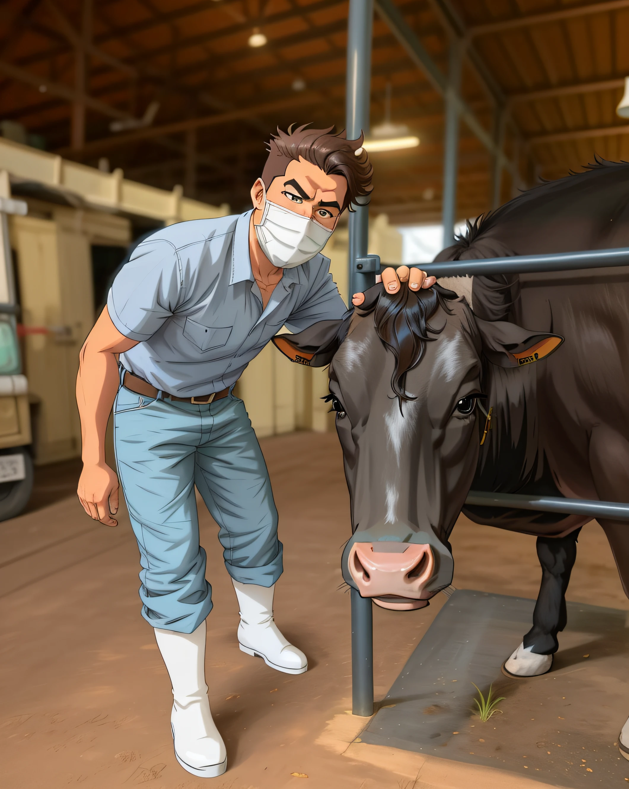 A man wearing a mask petting a cow in Anime Style