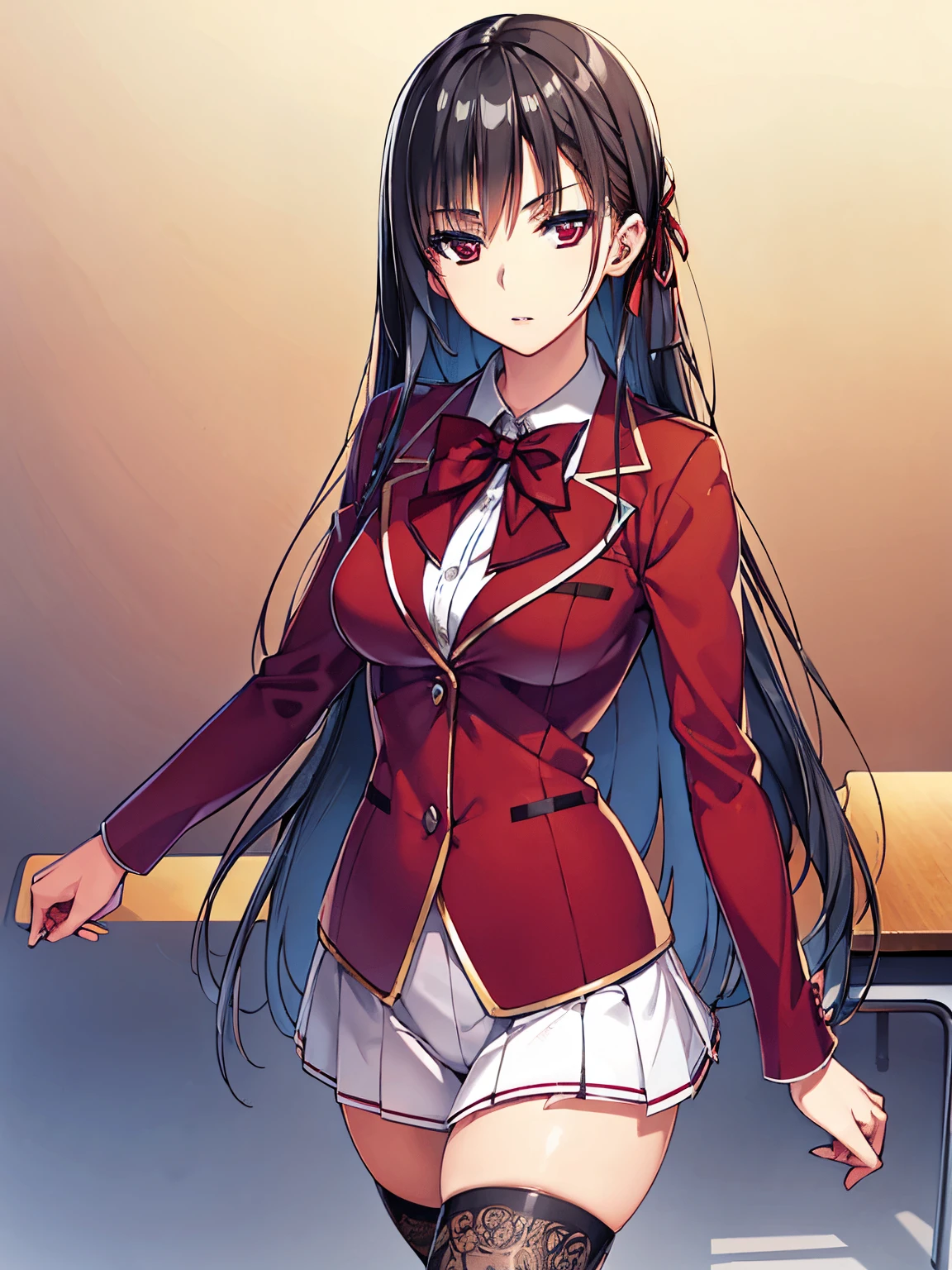 a woman in red school uniform,black hair, red eyes, classroom
masterpeace, best quality, (extremely detailed CG:1.4), highly detailed faces