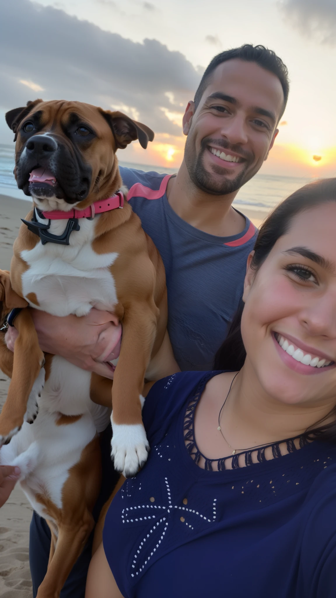 smiling couple holding a dog on the beach at sunset, segurando um filhote de cachorro boxer, vacation photo, on the beach at sunset, on the beach at sunset, on the beach during sunset, na praia, selfie of a dog, imagem de perfil, foto de praia, at the beach on a sunset, family portrait, happily smiling at the camera, Family photo, na praia