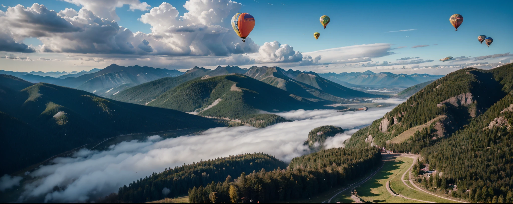 Divine bird&#39;s eye view of the mountains and horizon, beautiful clouds, several balloons are flying with people in a basket attached to them, studio lightning, mountains covered with oak forests, снято на Canon EOS 5D Mark IV, снято на Canon EOS 1D X Mark III
