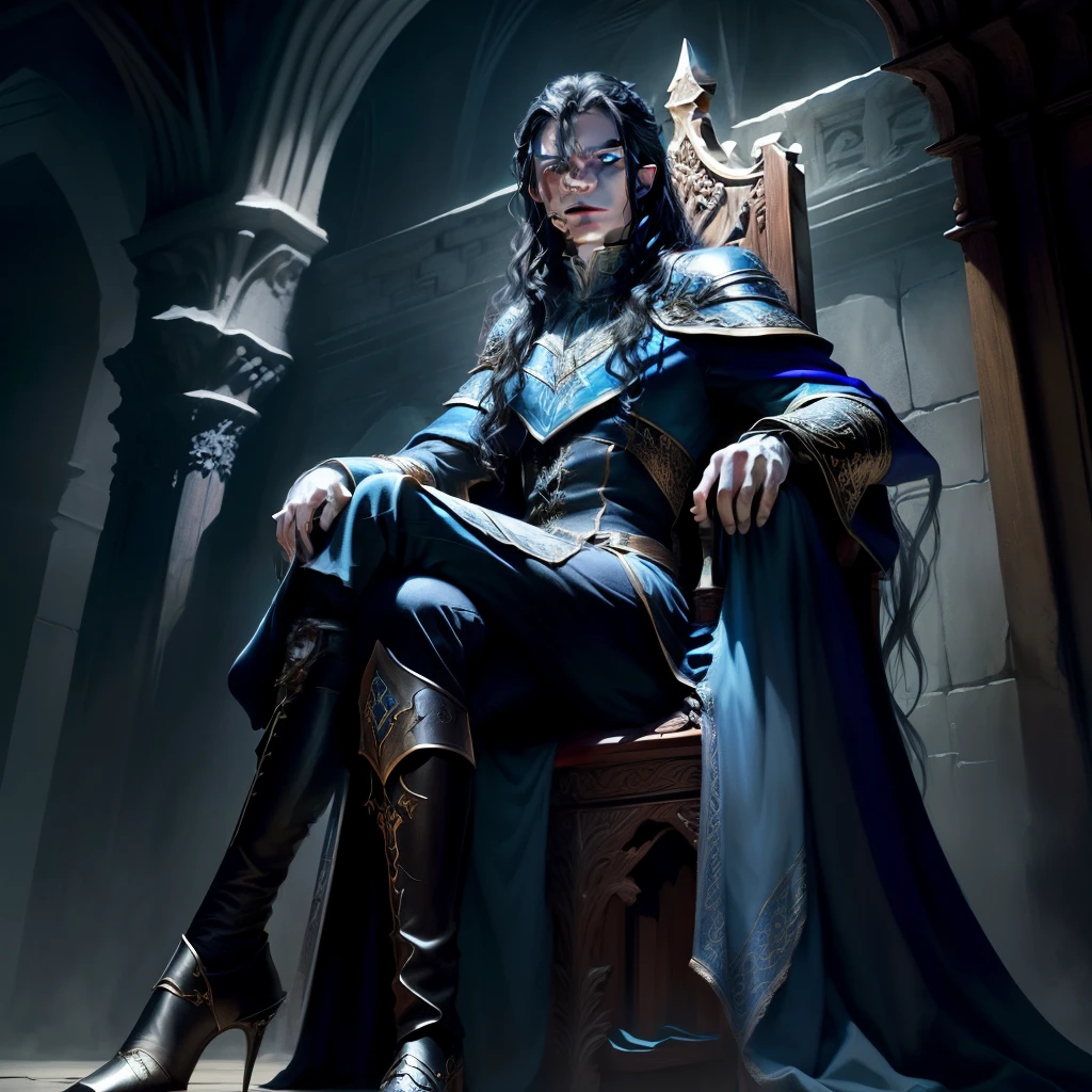 Dungeons and dragons, vampire lord with pale skin, ice blue eyes and long wavy black hair, sits on a wooden throne in a castle at night.