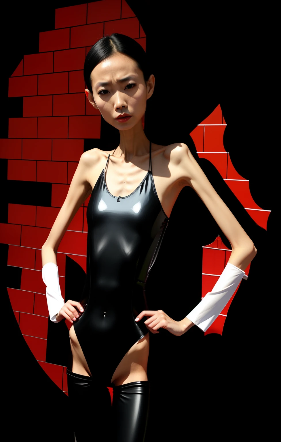 very thin woman, A thin body，Protruding sternum，The waist is very thin，The ribs are noticeable，Protruding ribs，The pelvic protrusion is very obvious，The pelvis is markedly elevated，White skin of the，thin shoulde，The waist is very thin，Sunken abdomen，Delicate arms，The lower abdomen is depressed，Short hair details，Wear a tight-fitting one-piece latex suit，Asia face，extremely thin，angry look，Excessive weight loss，weeping，Face becomes thinner，Severe malnutrition，Effeminate woman