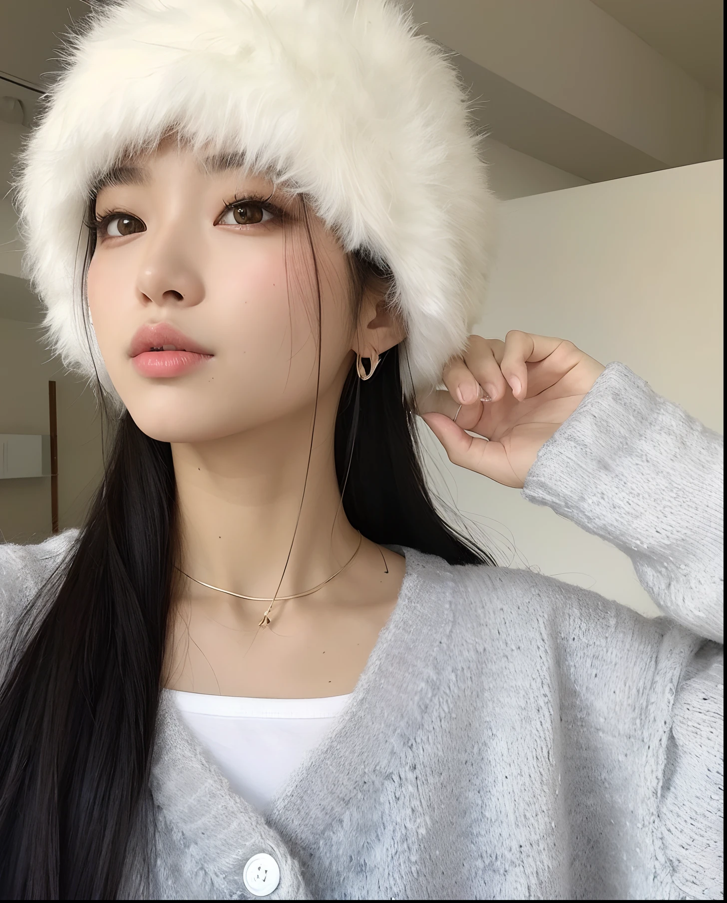 Araffe wearing a white hat and black sweater, wearing a thin and delicate chocker and cute fluffy hat, Ulzzang, young adorable korean face, young cute wan asian face, com bonito - fino - rosto, 🤤 retrato da menina, linda mulher coreana jovem, a young asian woman, Mulher sul-coreana bonita, branco hime corte penteado, wearing a cute hat, menina coreana uma mulher com cabelos longos preto kawaii retrato realista, 8K Artgerm Bokeh, Modelo IG | Artgerm, wlop pele brilhante, wan adorable korean face, linda mulher coreana jovem, Arte no estilo de Guweiz, 🤤 retrato da menina, menina coreana, estilo de arte realista, maquiagem sul-coreana popular, jossi blackpink
