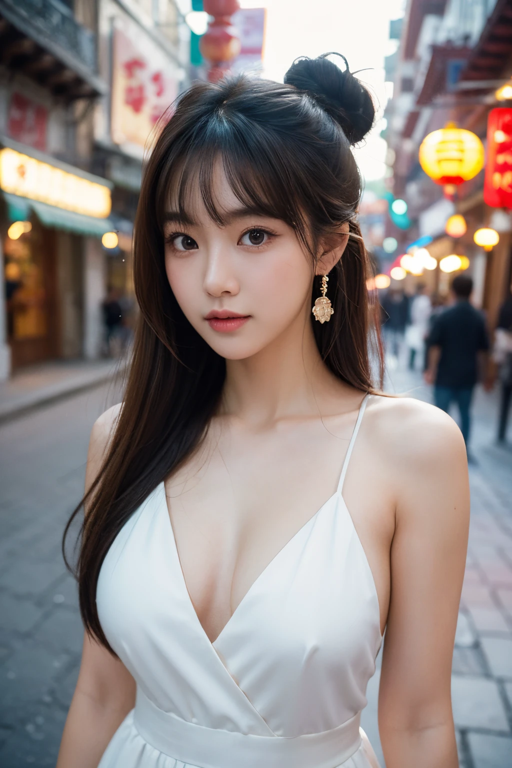 1 girl,very bright backlighting,solo,{beautiful and detailed eyes},large breasts,dazzling moonlight,calm expression,natural and soft light,hair blown by the breeze,delicate facial features,Blunt bangs,double bun,beautiful korean girl,eye smile,very small earrings,wearing a cheongsam,revealing a glimpse of cleavage ,20yo,film grain,realhands,model pose,shot in chinatown streets,cowboy shot