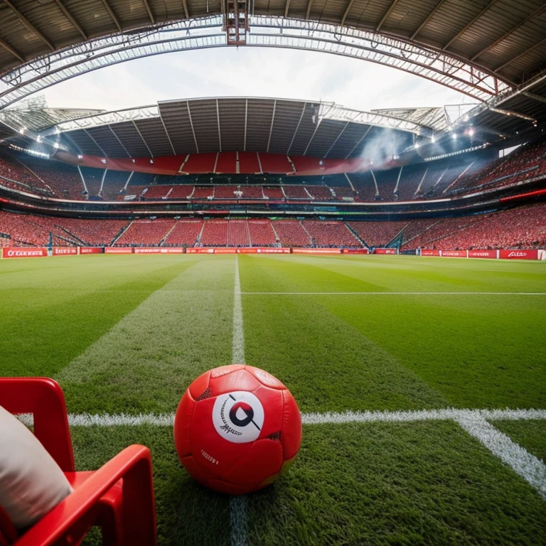 Create an interior view of a soccer field, Drapole Rouge, red smoke bomb, Grand Drapeau Rouge, Nomme du Stade: Charles Leclerc