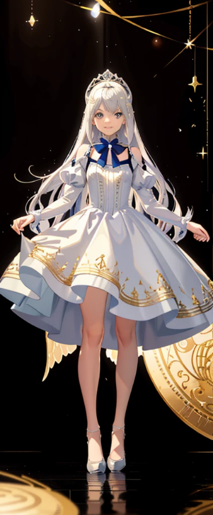 (Full body photo:1.4),white backgrounid,(1 Angel Girl,gleaming silver,diadems,Delicate headgear,ssmile),(paper art,Quilted paper art,geometry),(Lots of colors,Best quality,high detal,tmasterpiece,movie light effect,4K,lightand shade contrast)Sheer tulle dress,Blue socks,hair straight,a pirate