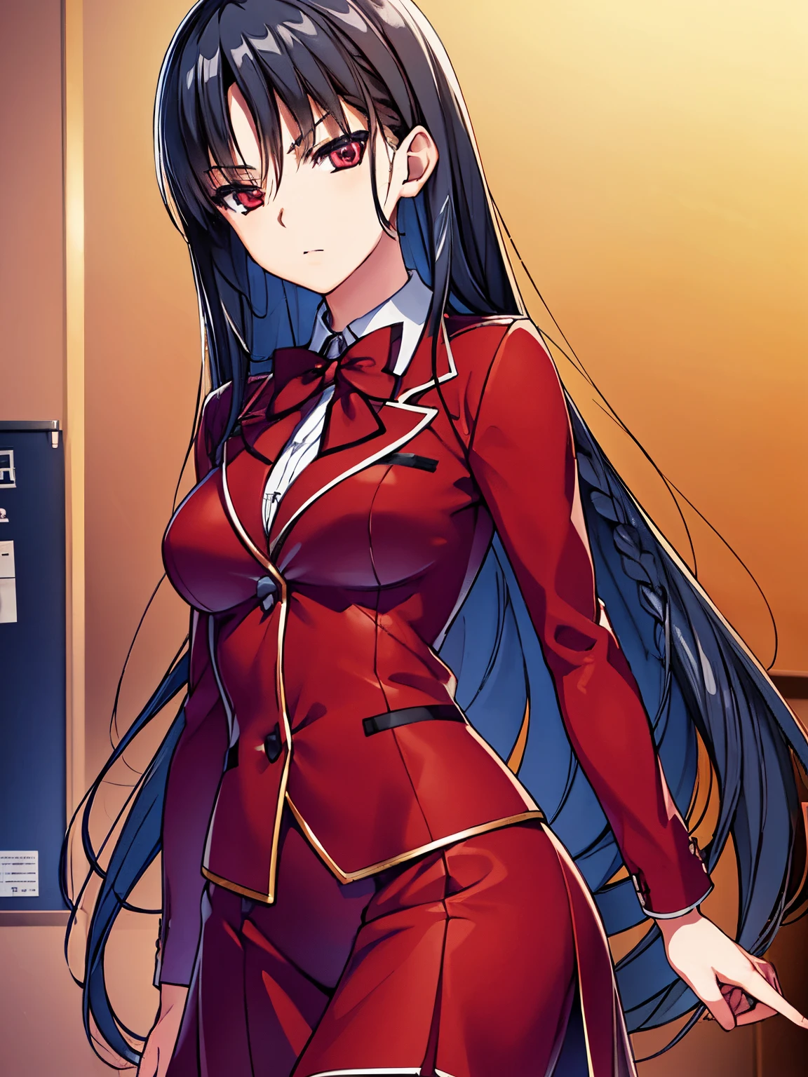 a woman in red school uniform,black hair, red eyes, classroom
masterpeace, best quality, (extremely detailed CG:1.4), highly detailed faces