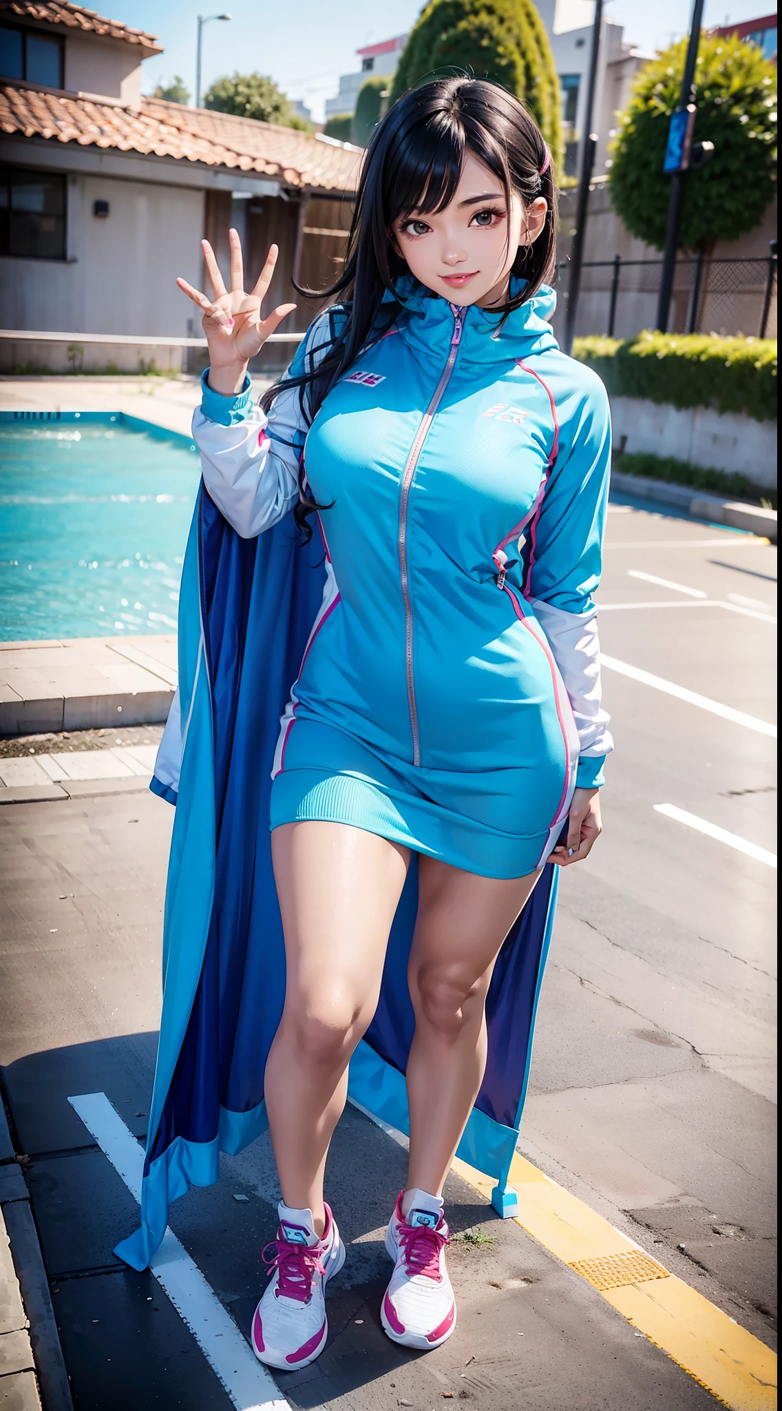 Fullbody view of a girl (bright color skin, 180cm, sexy body build, 24 years old), wear tight mini tracksuit dress set, eeartrack shoes, stand on a trackfield, smile to viewer, waving to viewer