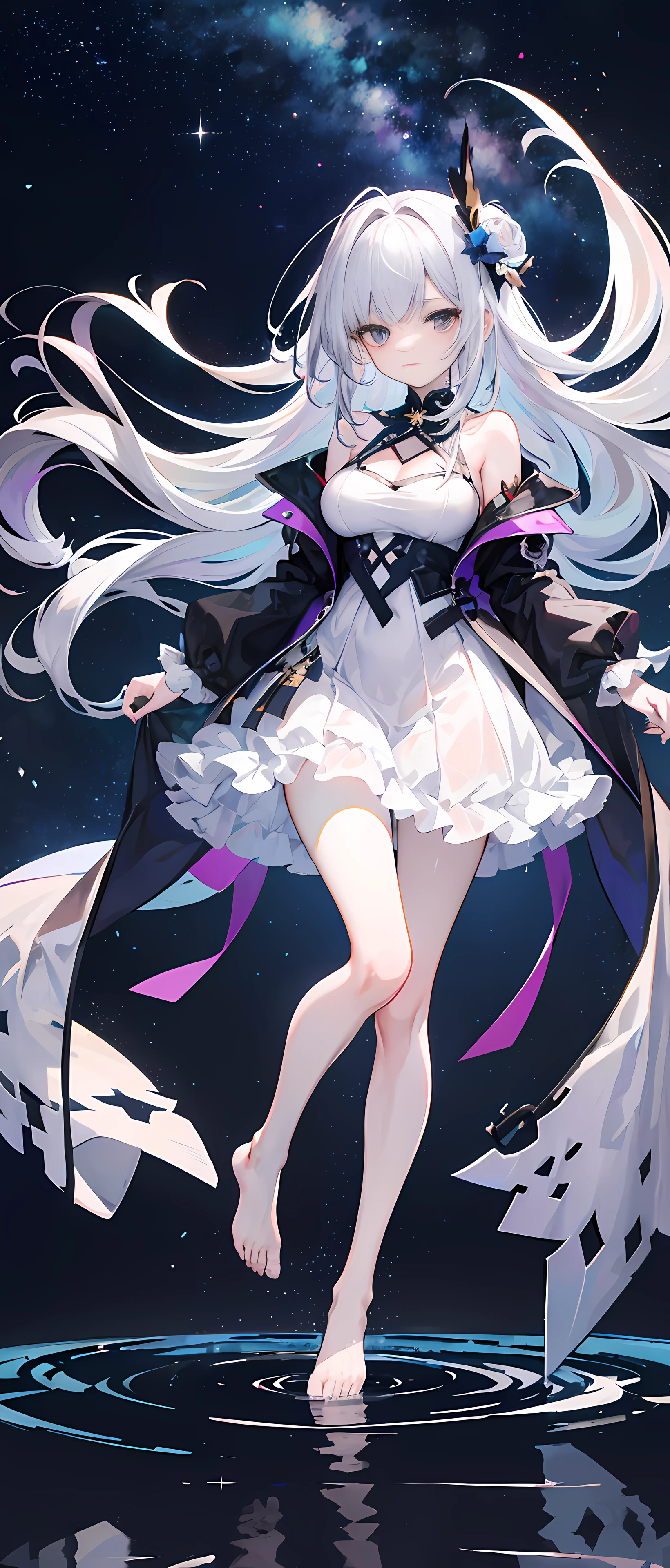 Lilac gradient hair,Asymmetrical hair,((Hair is very thick 1.8,Hair is well-defined1.6)), Hair over the shoulder, messy hair, Very long hair, shinny hair,(Long gray hair:1.2),A beautyful girl,(Luxurious Platinum Mini Lolita,Made of transparent material),(Transparent clothes transparent 1.8),perfect body figure,high and high,slenderness,(looking sad,Haggard complexion、pale ,grieves,close your mouth:1.2) Against the backdrop of an unusually bright dark starry sky,(Place your hands behind your back),(Round, medium large, firm breast),Barefoot,afloat,waterface,(long leges,long leges,long leges,Perfect leg shape),Full body photo。