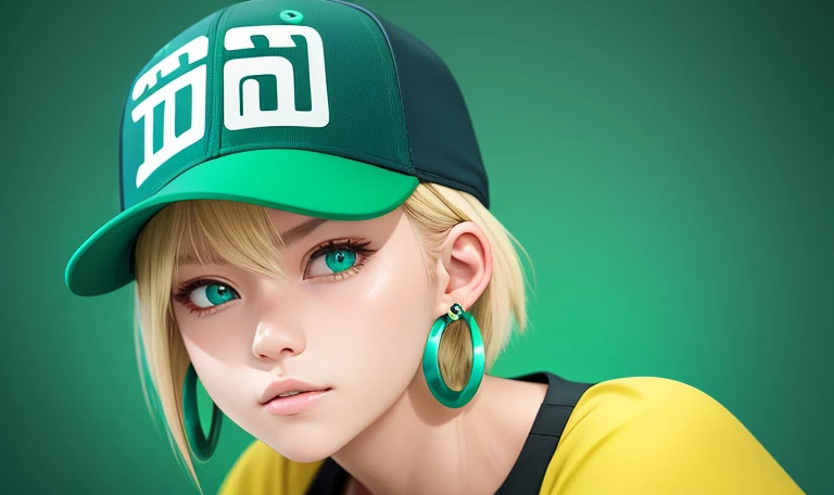 tetsuya nomura, masutepiece, Best Quality, 1girl in, aqua eyes, Baseball Cap, Blonde hair, Closed mouth, earrings, Green background, hat, hoop earrings, Jewelry, Looking at Viewer, Shirt, Short hair, Simple background, Solo, Upper body, Yellow shirt
