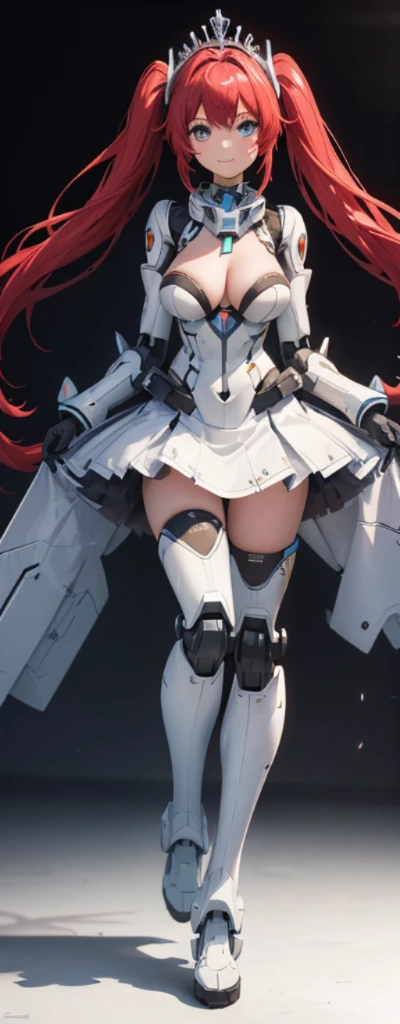 （fully body photo：1.4），white backgrounid，（1 Mech girl，Flash fluorescence，Hats，mechs，Delicate tiara，ssmile），（paper art，Quilted paper art，geometry），（Lots of colors，Best quality at best，high detal，tmasterpiece，movie light effect，4K，lightand shade contrast），Colossal tits，Long red hair，pigtails，Blue knee-length boots，mecha girl