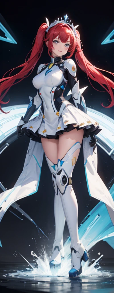 (fully body photo:1.4),white backgrounid,(1 Mech girl,Flash fluorescence,Hats,mechs,Delicate tiara,ssmile),(paper art,Quilted paper art,geometry),(Lots of colors,Best quality at best,high detal,tmasterpiece,movie light effect,4K,lightand shade contrast),Colossal tits,Long red hair,pigtails,Blue knee-length boots,mecha girl