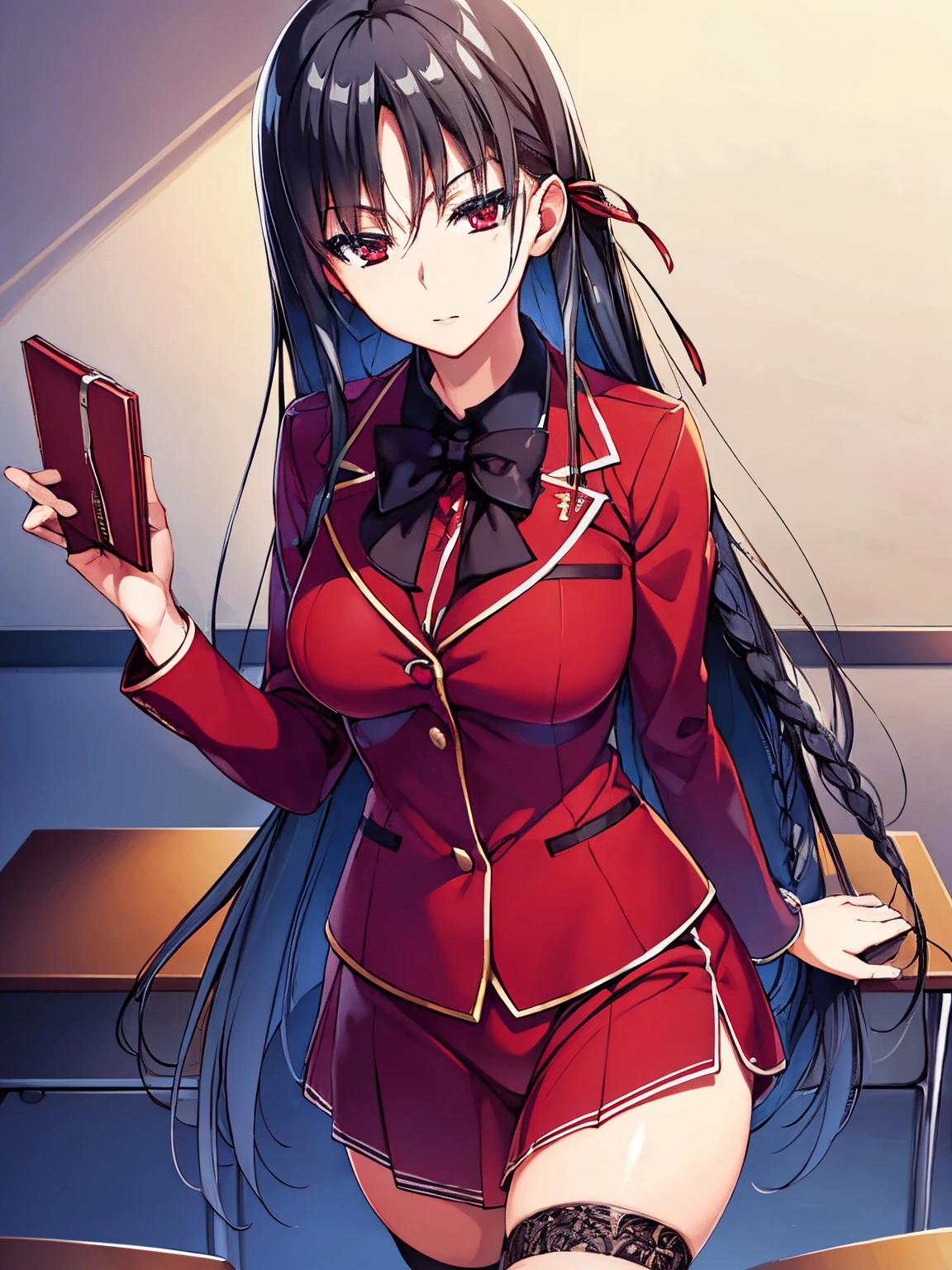 a woman in red school uniform,black hair, red eyes, classroom
masterpeace, best quality, (extremely detailed CG:1.4), highly detailed faces