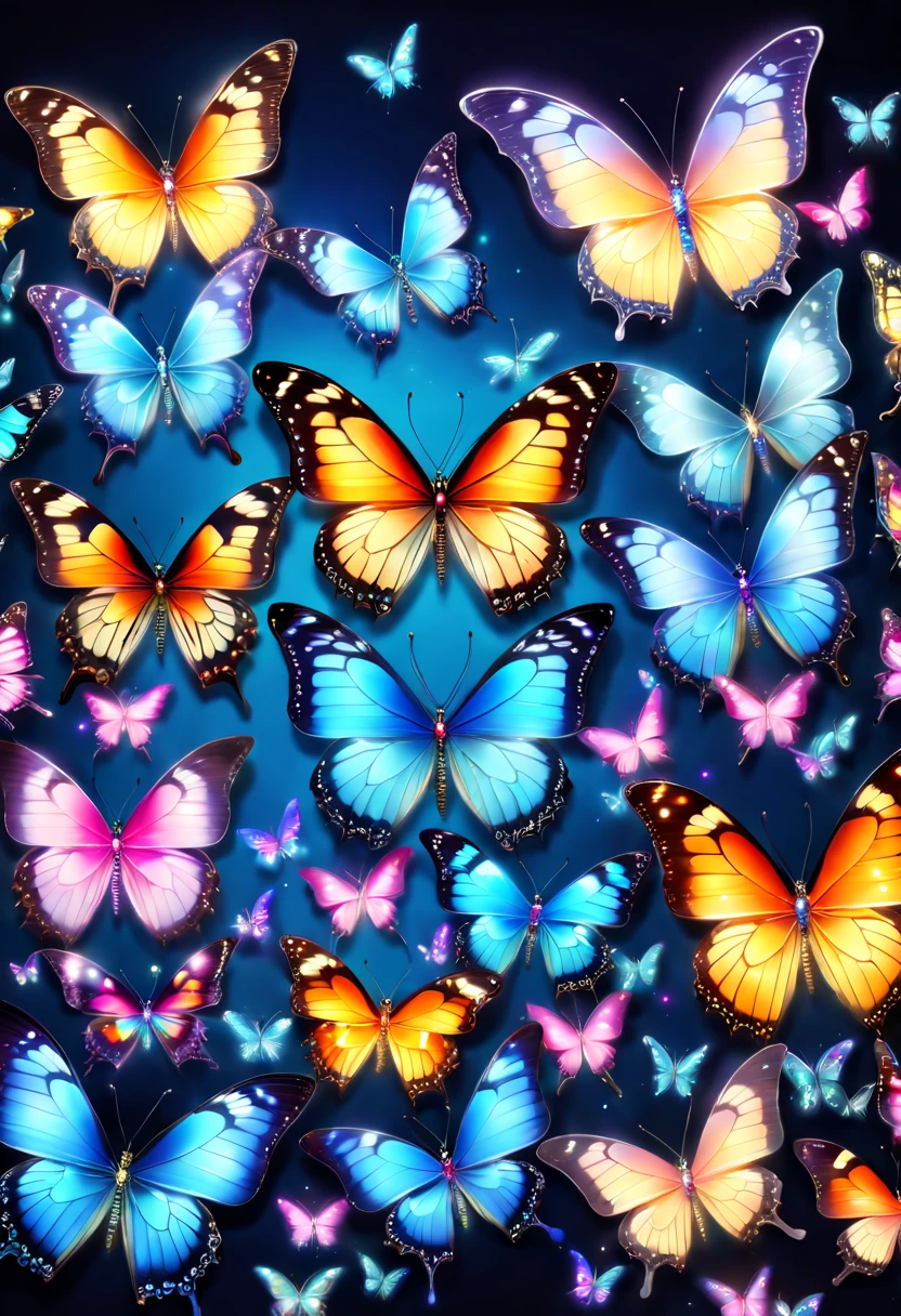 tmasterpiece，Best quality，(nothing but butterflies)，(without humans),butterfly neon wings，from beginning to end to the end，Delicate butterflies，The sheen，inverted image，sparkling gemstones，Elegant and noble,simple backgound