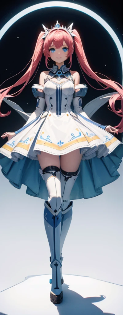 （fully body photo：1.4），white backgrounid，（1 Mech girl，Flash fluorescence，Hats，mechs，Delicate tiara，ssmile），（paper art，Quilted paper art，geometry），（Lots of colors，Best quality at best，high detal，tmasterpiece，movie light effect，4K，lightand shade contrast），Colossal tits，redheadwear，pigtails，Blue knee-length boots，mecha girl，blue eyes