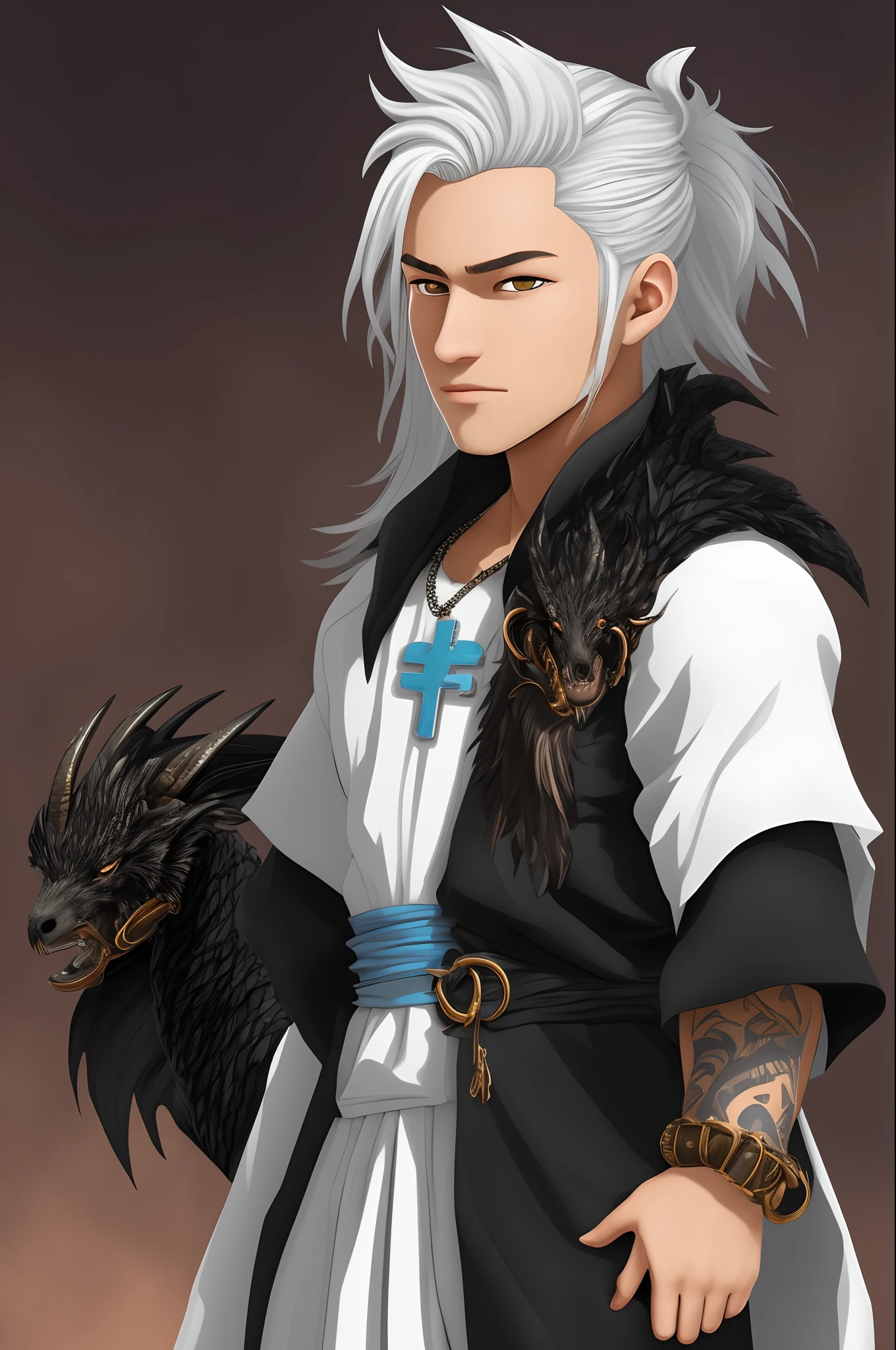 a body ref sheet of a guy with white hair, with a sky blue lock on his head tied in a long ponytail. His bangs hide two eyes. He has two black goat horns on the side of his head.
He has light blue eyes and light white skin.

he has a white t-shirt, white mittens, black pants, sky blue shoes and a necklace with a cross

he has a black dragon tail