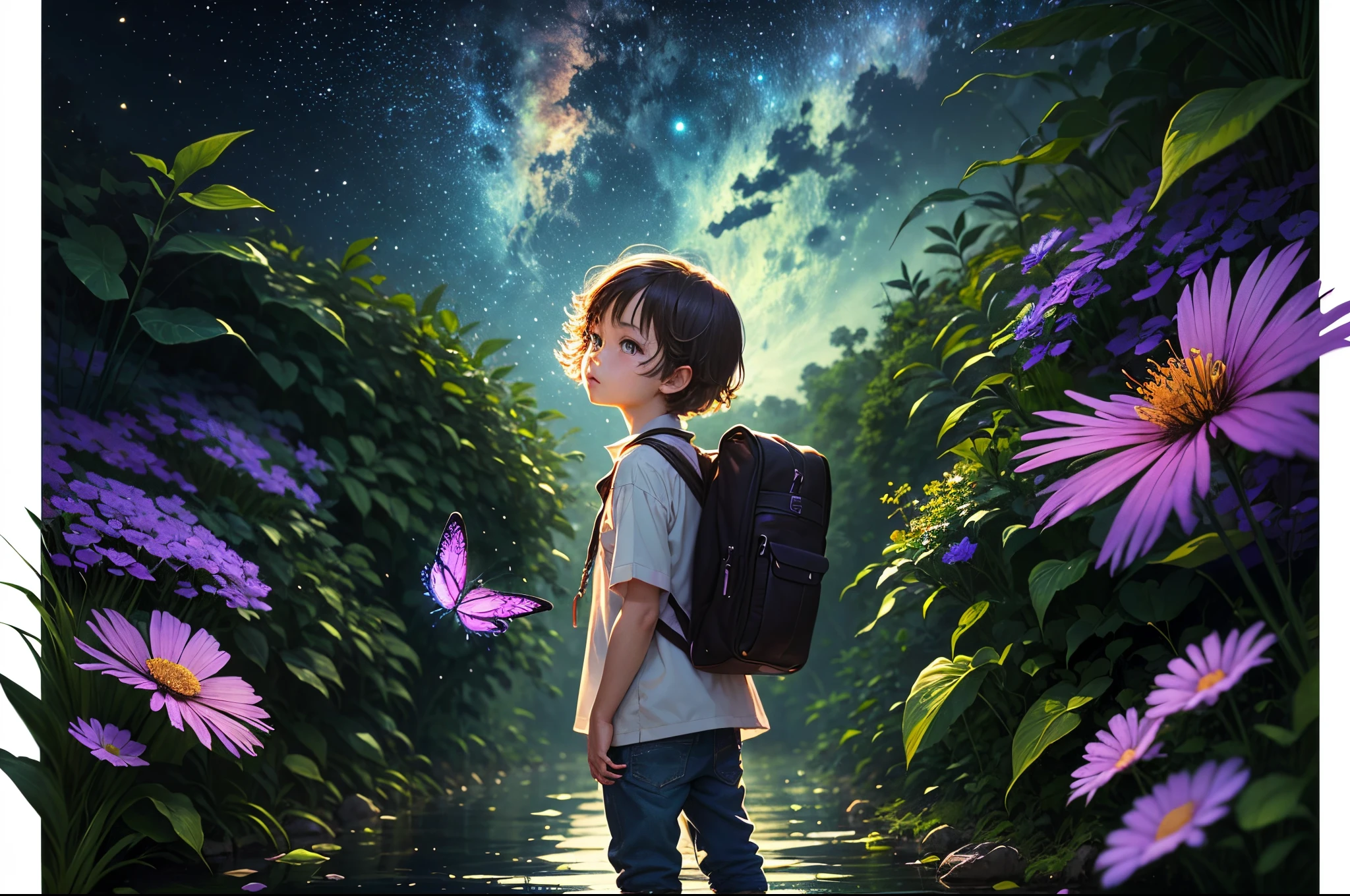（（Best quality））， （（tmasterpiece））， （Detailed pubic hair：1.4），（（（Giant glowing butterfly））），Enhanced dynamic viewing angle，jungles，（（（nighttime scene））），themoon，（（Little adventurer standing in front of giant butterfly，Butterfly spreads its huge wings，shimmering under the moonlight，A river of stars flows in front of him）），Sparkling creek，（Adventurer backpack），（weeds），Flowers，（（（adventurer clothing））），glowing effect，ultradetailed，Works of masters，high high quality，8K分辨率，depth of fields，电影灯光，epic shooting，high high quality，ultradetailed，Detailed pubic hair，Accurate，电影灯光