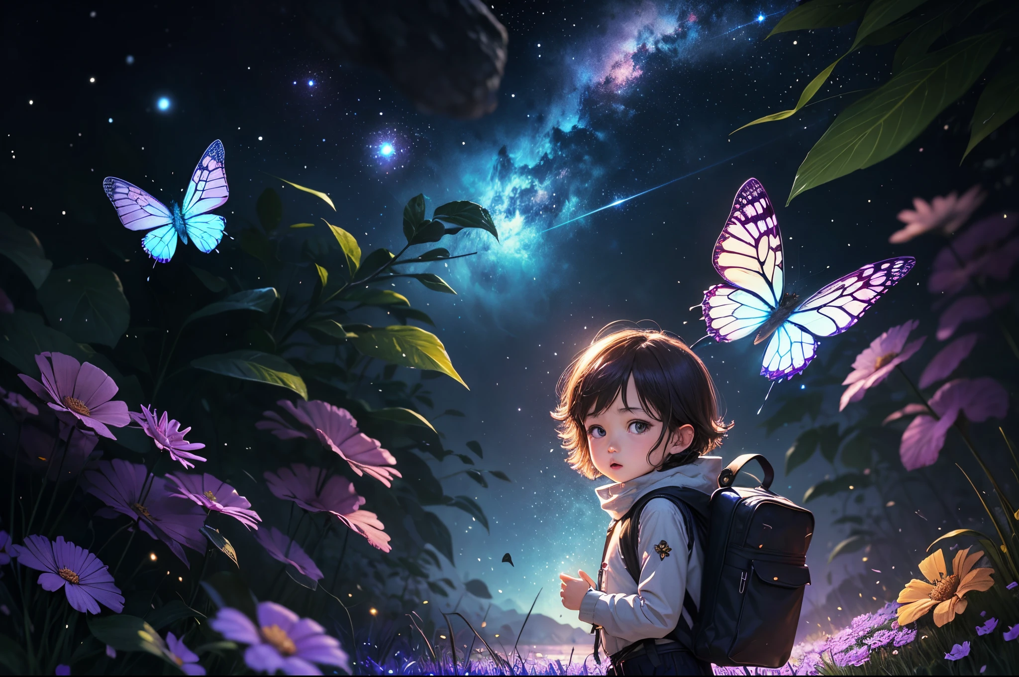 ((Best quality)), ((tmasterpiece)), (Detailed pubic hair:1.4),(((Giant glowing butterfly))),Enhanced dynamic viewing angle,jungles,(((nighttime scene))),themoon,((Little adventurer standing in front of giant butterfly,Butterfly spreads its huge wings,shimmering under the moonlight,A river of stars flows in front of him)),Sparkling creek,(Adventurer backpack),(weeds),Flowers,(((adventurer clothing))),glowing effect,ultradetailed,Works of masters,high high quality,8K分辨率,depth of fields,电影灯光,epic shooting,high high quality,ultradetailed,Detailed pubic hair,Accurate,电影灯光