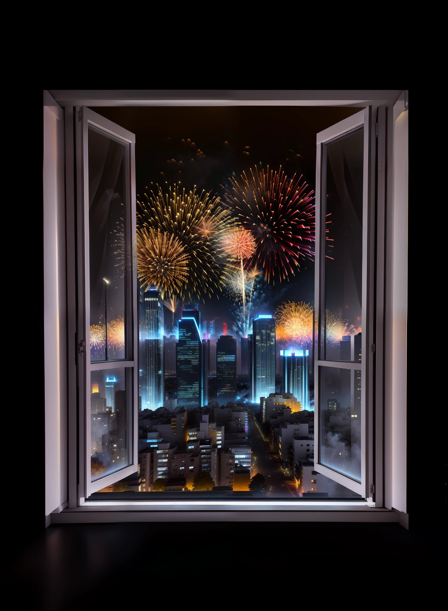 Arafad view of the city with fireworks and fireworks in the sky, cityscape in the window, janelas ( 城市 ), Windows and city background, Stylized urban fantasy artwork, Chinese New Year's Eve, window to night time, Fireworks in the background, Surreal cityscape background, Open the window at night, firework background, View of the metropolis from the window, urban backdrop, fire works