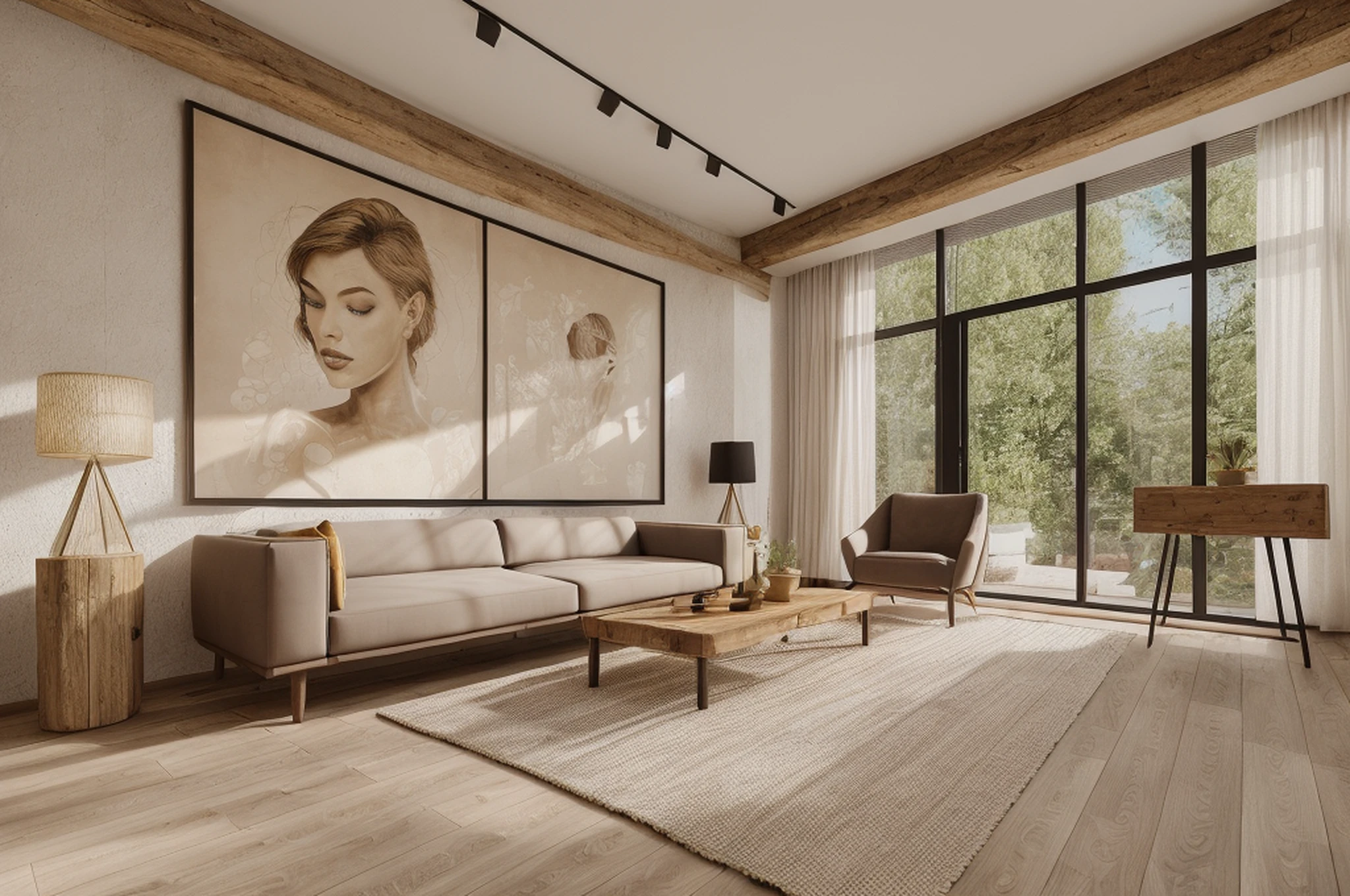 wabi sabi livingroom interior, large glass window, garden outside, dinning table and chair, couch, rough-hewn wood coffee table, sunlighting,neutral lighting, low contrast, potted plant, picture frame, bookshelf, books, drape