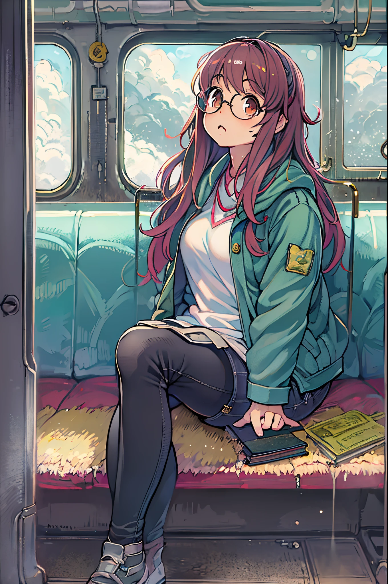 Anime girl wearing glasses and a denim jacket sitting on a train, 🚿🗝📝, In an anime style, In anime style, anime moe art style, [ Digital Art ]!!, distant!!, In a Japanese anime style, Realistic!!, Kantai Collection Style, Illustrative!!, an anime girl, r /Art Book, r/Art Book, r / Art Book