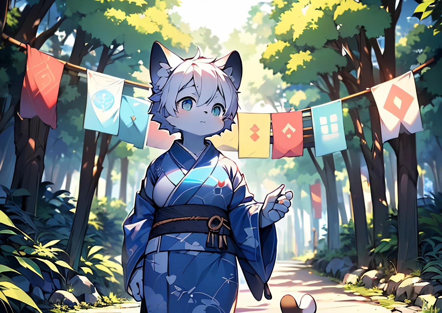 boy,Furry cat,((shota)), White hair, The figure is good, Handsome,cute big breasts, optic:Ultimate light and shadow, Reflective skin,Redness of the skin,((Blue kimono,)) ,((Deep in the forest,Stone road,flags,独奏,the only person)),Outdoor sunset,((the detail)),(depth of fields),The stands up