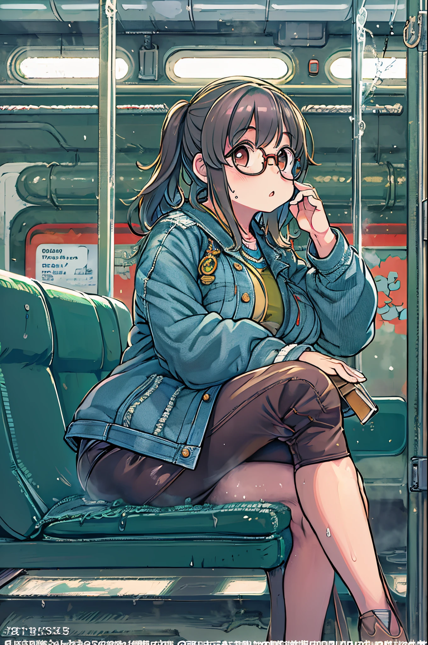 Anime girl wearing glasses and a denim jacket sitting on a train, 🚿🗝📝, In an anime style, In anime style, anime moe art style, [ Digital Art ]!!, distant!!, In a Japanese anime style, Realistic!!, Kantai Collection Style, Illustrative!!, an anime girl, r /Art Book, r/Art Book, r / Art Book