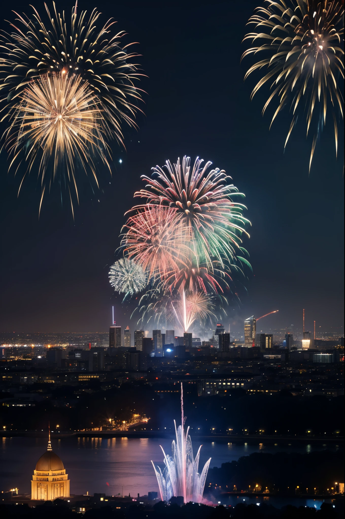 fireworks in the sky,Lots of fireworks,Fireworks filling the sky,Top view of a futuristic giant skyscraper,Lots of fireworks,Arafed image of a building,There are windows that are illuminated at night, Inspired a lot by Andreas Gursky,janelas, pale . Millions of glass walls, Many windows, endless empty office building, people at work, Unique monumental architectural focus,