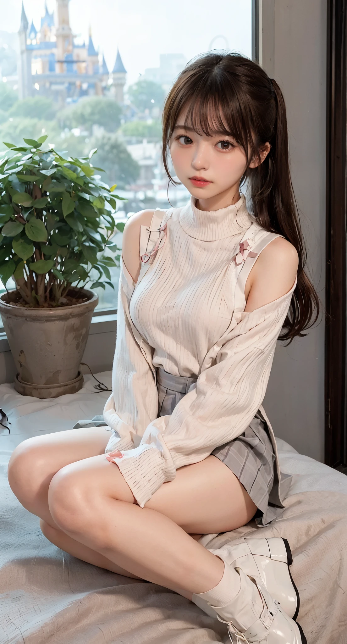 (((Kamimei,bob cuts、ceiling、frombelow、Disney land、Good Style、Embarrassing、red blush、embarrassed from、Mouth ajar))),(((((Knee-length pleated skirt、mesugaki、NSFW,Skirt flipping in the wind、Suspender Skirt、Check Grey Skirt、White sweater、Turtleneck sweater、no sleeves、high-heels))))),((At Disneyland、frombelow))、masutepiece, 1girl in, best qualtiy, Ultra Detail, (shiny), (Small)、(((with blush cheeks,A slender))),Ray tracing,Perfect Lighting, (milky skin:1.2),reflection,  blush, bow ribbon, yellow_Eyes, Low_Twin-tailed、(Japan's cutest 28-year-old beautiful girl)、Small ribbons in the hair、Contrast Legs,(NSFW:1.3)