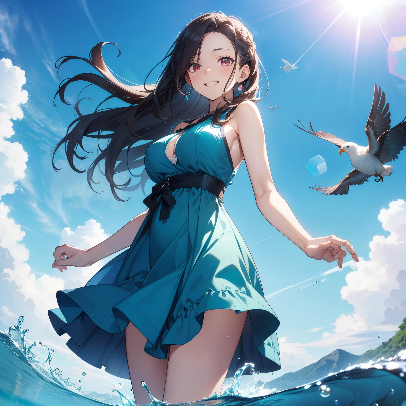 (masutepiece,Best Quality,8K),(extremely detailed CG1.1),Girl standing on the surface of the water emitting a beautiful light,Smile,large boob,(From below:1.2),Intricate details , Hyper realistic, Perfect Anatomy,A dark-haired,Red Eyes,(((Forehead))),Permed hair with wavy hair,(((length hair))),Hair over one eye,hair slicked back,(((Standing))),Full body,Blue Dress,blush,Happy smile,A remote island paradise with turquoise waters, Water droplets,Lens Flare,Wind,Magnificent view,(chromatic abberation:1.3),Dynamic Angle,bird flocks,Cowboy Shot,Looking at Viewer