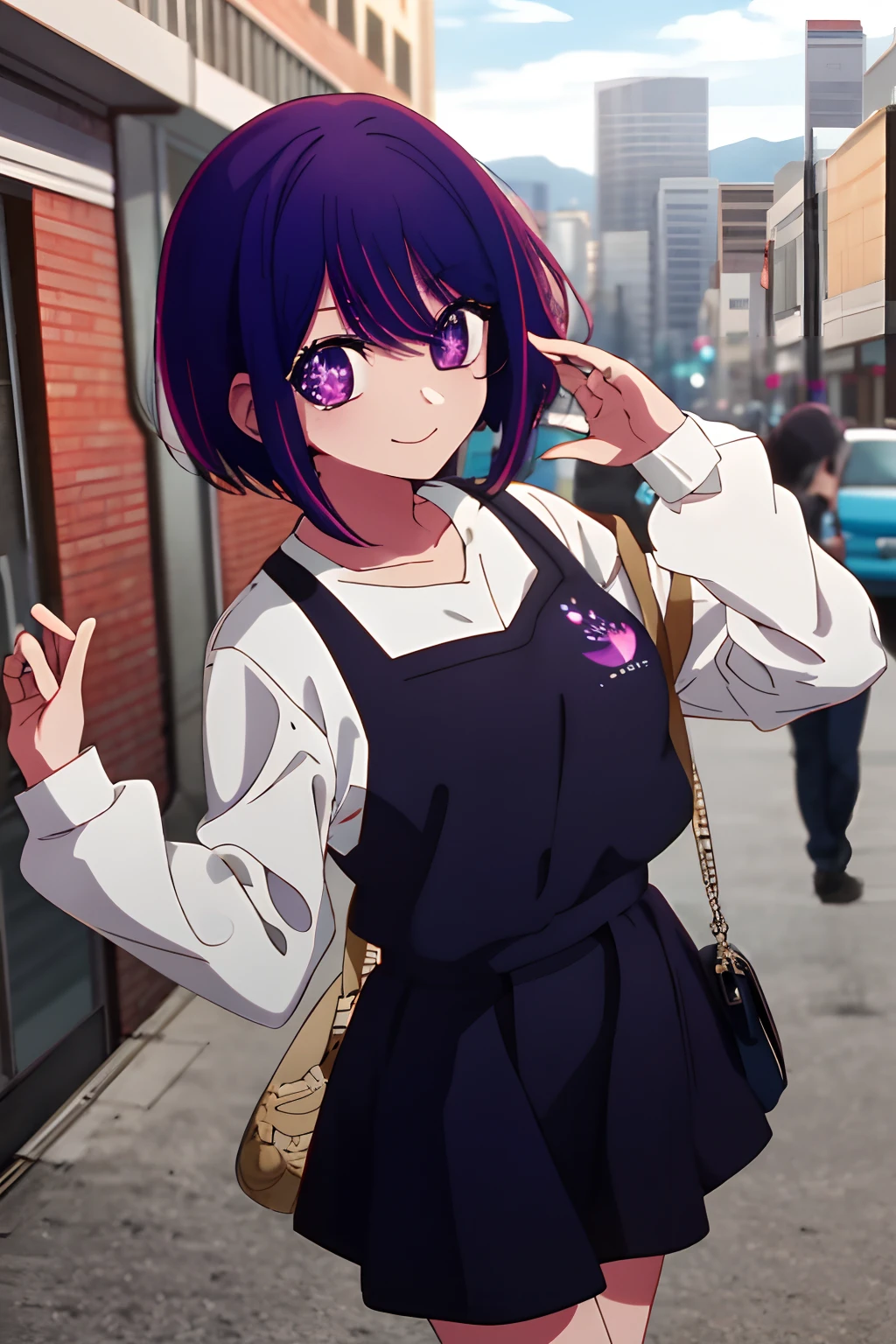 2d, Obra maestra, La mejor calidad, anime, Altamente detallado, Disparo de vaquero, 1girl, solamente, vestido ajustado, Short purple hair, Short purple hair from the galaxy, purple eyes, , Mirando al espectador, They are smiling, flequillo, Star symbol-shaped pupils, heart shaped pupils, tetas enormes