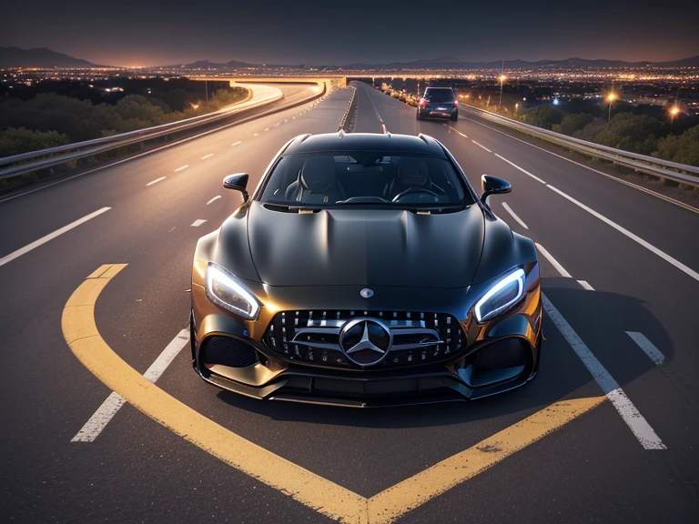 超A high resolution、An ultra-high picture quality、8K、Detailed details、marvelous expression、Big city at night、 Mercedes AMG ONE(METALIC RED)Driving on the highway、Turn on the headlights、Ride beautifully through the highway at night、