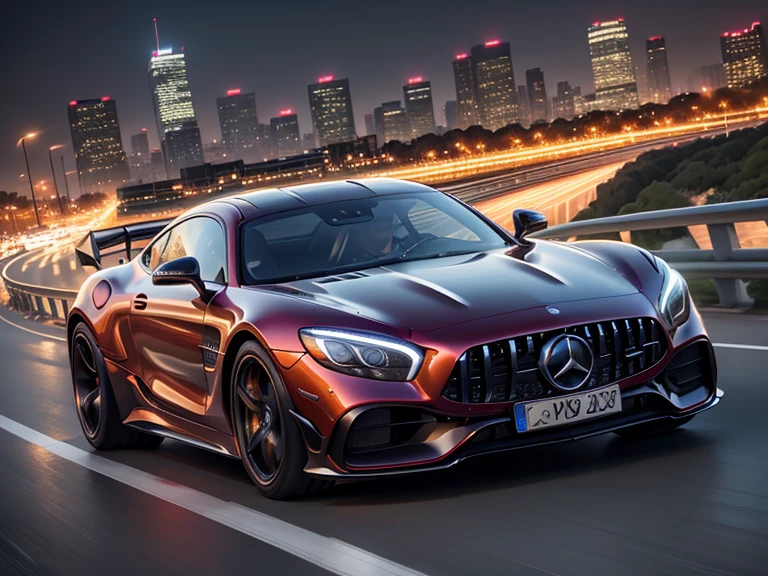超A high resolution、An ultra-high picture quality、8K、Detailed details、marvelous expression、Big city at night、 Mercedes AMG ONE(METALIC RED)Driving on the highway、Turn on the headlights、Ride beautifully through the highway at night、