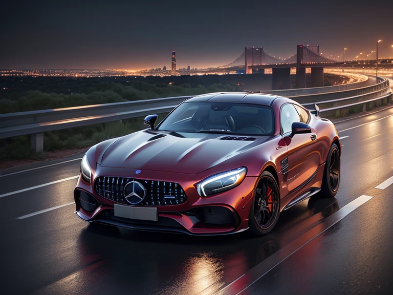 超A high resolution、An ultra-high picture quality、8K、Detailed details、marvelous expression、Big city at night、 Mercedes AMG ONE(METALIC RED)Driving on the highway、Turn on the headlights、Ride beautifully through the highway at night、