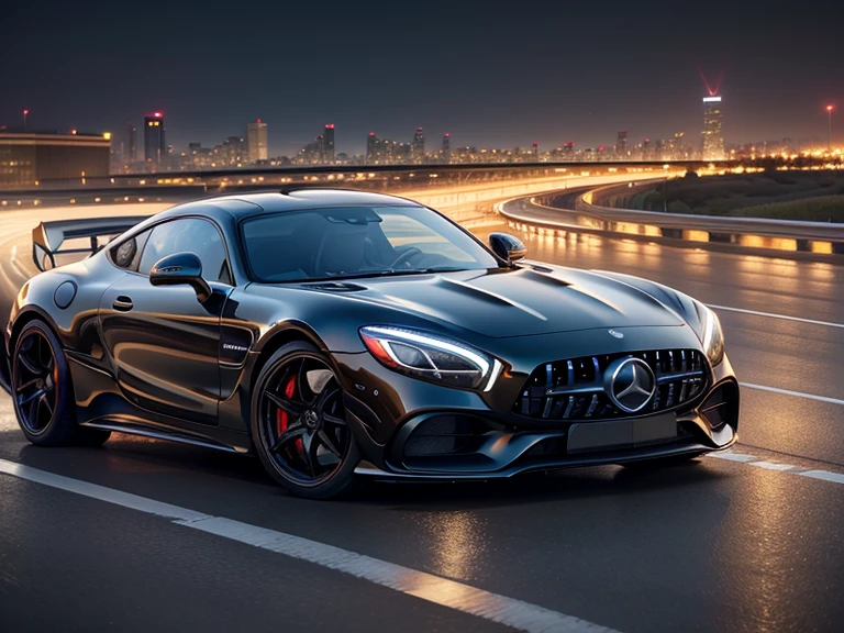 超A high resolution、An ultra-high picture quality、8K、Detailed details、marvelous expression、Big city at night、 Mercedes AMG ONE(METALIC RED)Driving on the highway、Turn on the headlights、Ride beautifully through the highway at night、