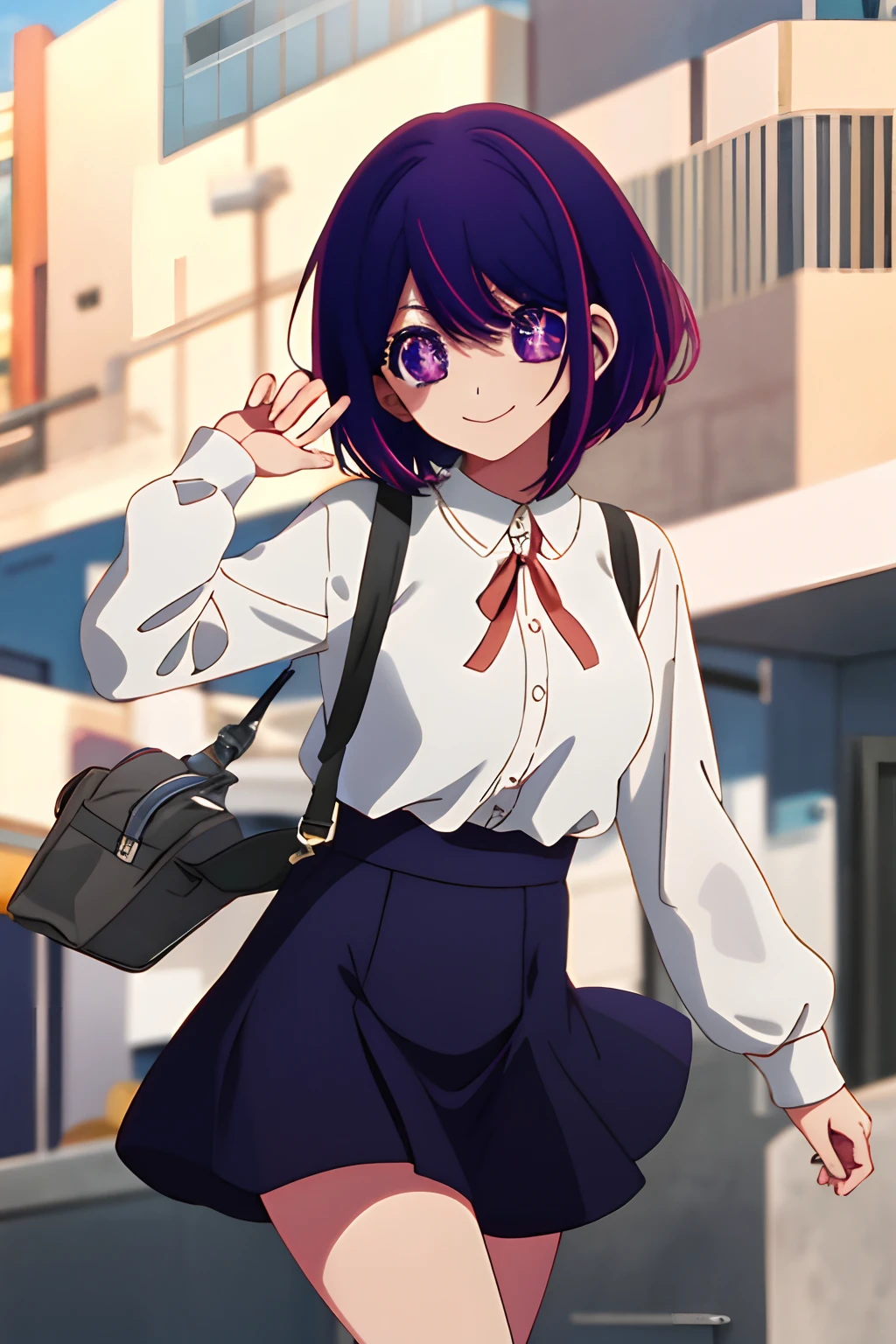 2d, Obra maestra, La mejor calidad, anime, Altamente detallado, Disparo de vaquero, 1girl, solamente, vestido ajustado, Short purple hair, Short purple hair from the galaxy, purple eyes, , Mirando al espectador, They are smiling, flequillo, Star symbol-shaped pupils, heart shaped pupils, tetas enormes
