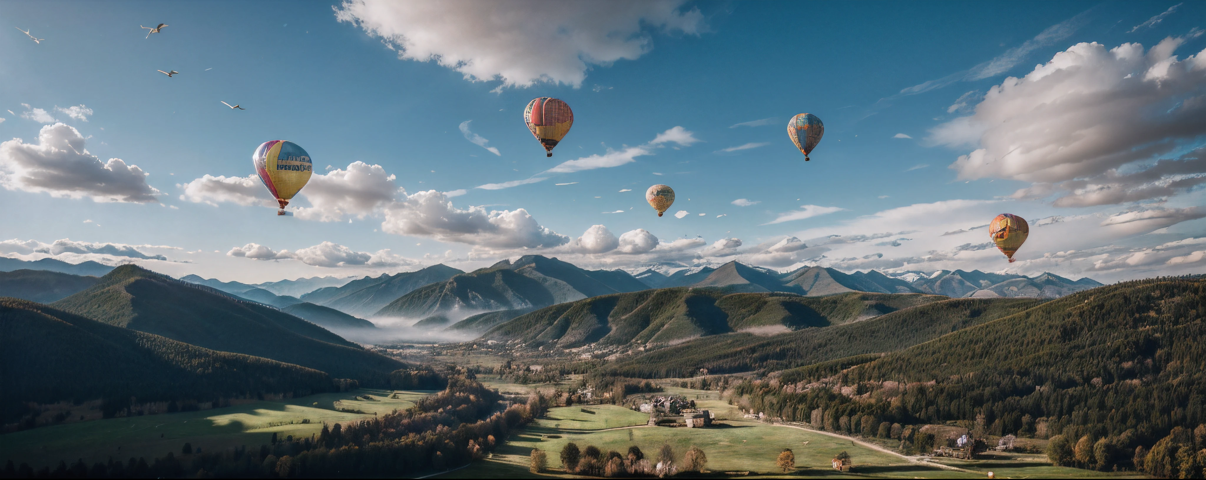 Divine bird&#39;s eye view of the mountains and horizon, beautiful clouds, several balloons are flying with people in a basket attached to them, studio lightning, mountains covered with oak forests, снято на Canon EOS 5D Mark IV, снято на Canon EOS 1D X Mark III