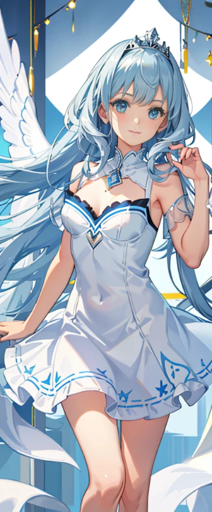(fully body photo:1.4),white backgrounid,(1 Angel Girl,gleaming silver,diadems,Delicate tiara,ssmile),(paper art,Quilted paper art,geometry),(Lots of colors,Best quality at best,high detal,tmasterpiece,movie light effect,4K,lightand shade contrast)Sheer tulle dress,Blue socks,Blue straight hair,a pirate