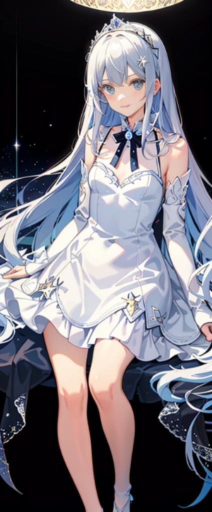 (fully body photo:1.4),white backgrounid,(1 Angel Girl,gleaming silver,diadems,Delicate tiara,ssmile),(paper art,Quilted paper art,geometry),(Lots of colors,Best quality at best,high detal,tmasterpiece,movie light effect,4K,lightand shade contrast)Sheer tulle dress,Blue socks,Red straight hair,alice