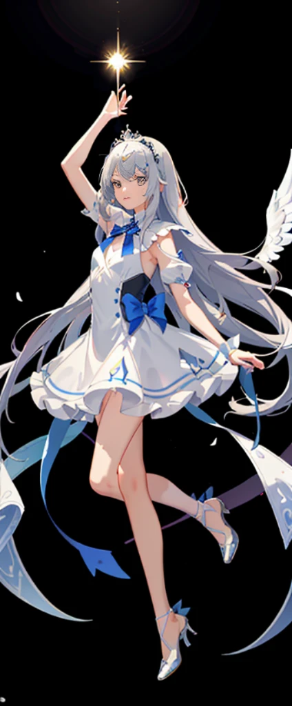 （fully body photo：1.4），white backgrounid，（1 Angel Girl，gleaming silver，diadems，Delicate tiara，ssmile），（paper art，Quilted paper art，geometry），（Lots of colors，Best quality at best，high detal，tmasterpiece，movie light effect，4K，lightand shade contrast）Sheer tulle dress，Blue socks，Red straight hair，alice