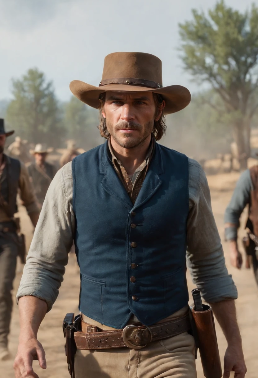 A blurry photo of a chaotic scene, with people running and overturned objects. Smoke is filling the air.,Red Dead Redemption 2,Micah has shoulder-length blond hair, along with a thick horseshoe mustache and side-whiskers. Micah is slightly portly and often wears an undone black leather coat, a red or black shirt accompanied by a red vest, a blue neckerchief, beige trousers, and a white hat.