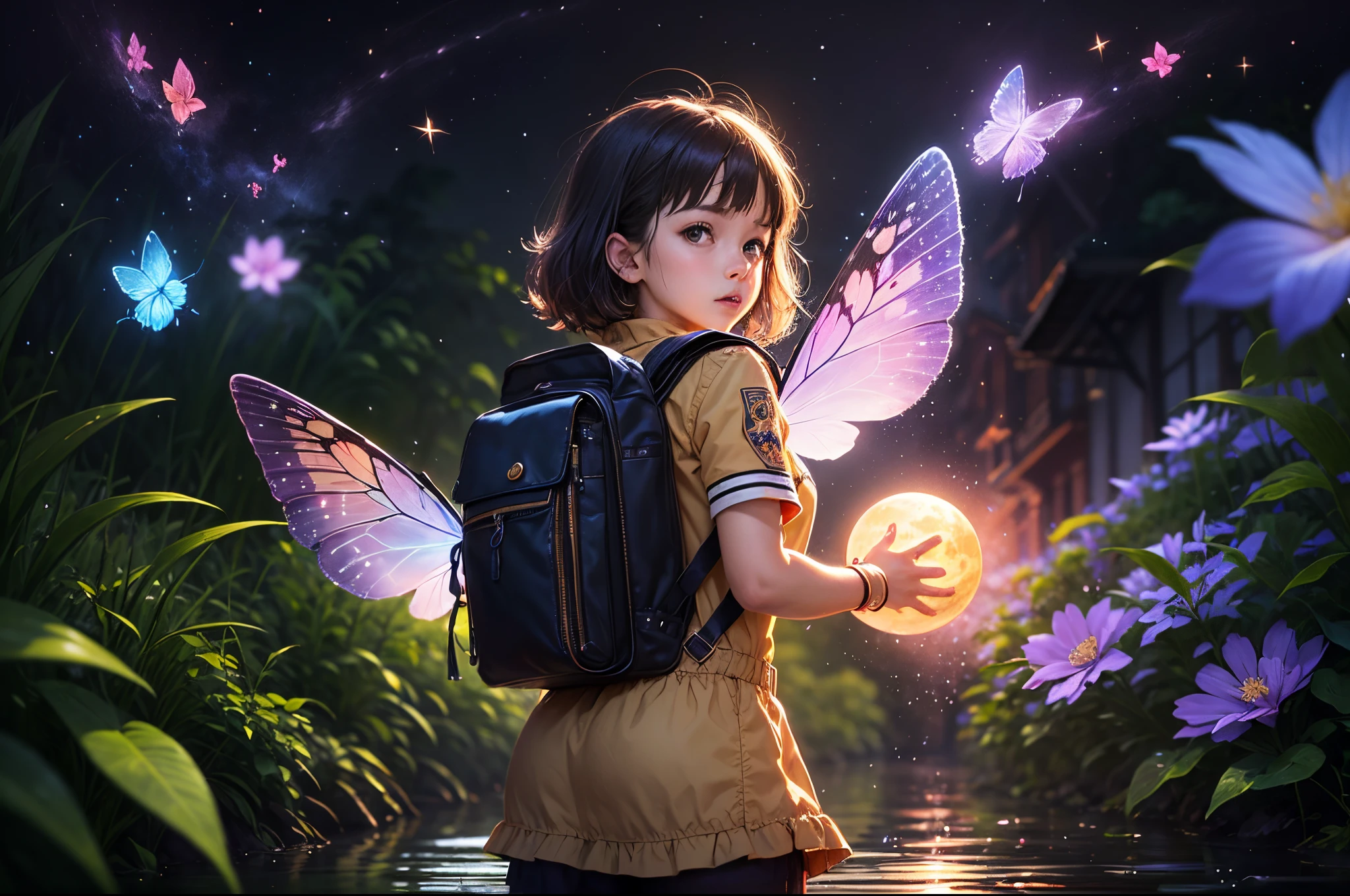 （（Best quality at best））， （（tmasterpiece））， （Detailed pubic hair：1.4），（（（Giant glowing butterfly））），Dance，Enhanced dynamic viewing angle，jungles，（（（nighttime scene））），themoon，（（Little adventurer standing in front of giant butterfly，The butterfly spreads its huge wings，shimmering under the moonlight，A river of stars flows in front of him）），Sparkling creek，（Adventurer backpack），（weeds），blossoms，（（（adventurer clothing））），glowing effect，ultra - detailed，Works of masters，high high quality，8K分辨率，depth of fields，电影灯光，epic shooting，high high quality，ultra - detailed，Detailed pubic hair，Accurate，电影灯光