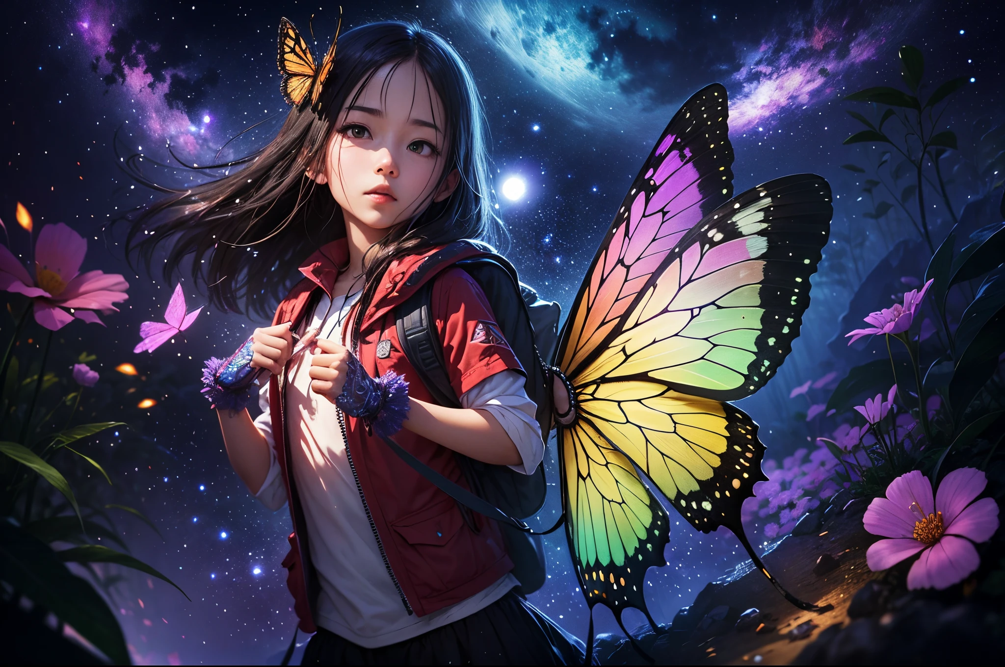 ((Best quality at best)), ((tmasterpiece)), (Detailed pubic hair:1.4),(((Giant glowing butterfly))),Dance,Enhanced dynamic viewing angle,jungles,(((nighttime scene))),themoon,((Little adventurer standing in front of giant butterfly,The butterfly spreads its huge wings,shimmering under the moonlight,A river of stars flows in front of him)),Sparkling creek,(Adventurer backpack),(weeds),blossoms,(((adventurer clothing))),glowing effect,ultra - detailed,Works of masters,high high quality,8K分辨率,depth of fields,电影灯光,epic shooting,high high quality,ultra - detailed,Detailed pubic hair,Accurate,电影灯光
