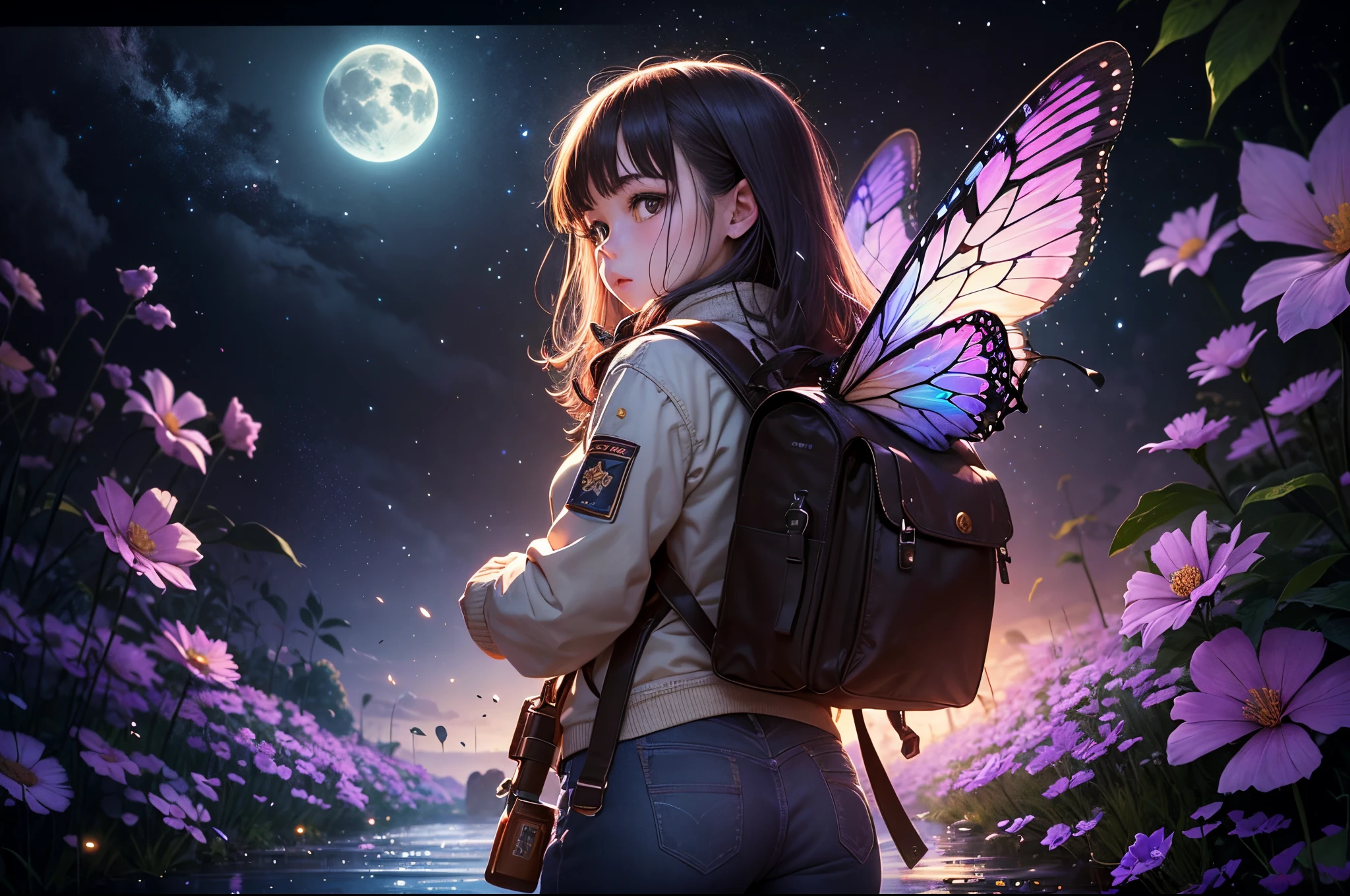 ((Best quality at best)), ((tmasterpiece)), (Detailed pubic hair:1.4),(((Giant glowing butterfly))),Dance,Enhanced dynamic viewing angle,jungles,(((nighttime scene))),themoon,((Little adventurer standing in front of giant butterfly,The butterfly spreads its huge wings,shimmering under the moonlight,A river of stars flows in front of him)),Sparkling creek,(Adventurer backpack),(weeds),blossoms,(((adventurer clothing))),glowing effect,ultra - detailed,Works of masters,high high quality,8K分辨率,depth of fields,电影灯光,epic shooting,high high quality,ultra - detailed,Detailed pubic hair,Accurate,电影灯光