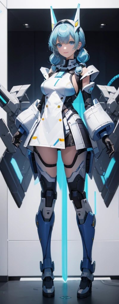 (Full body photo:1.4),white backgrounid,(1 Mech girl,Flash fluorescence,Hats,mechs,Delicate headgear,ssmile),(paper art,Quilted paper art,geometry),(Lots of colors,Best quality,high detal,tmasterpiece,movie light effect,4K,lightand shade contrast),Colossal tits,red hair clothing,pigtails,Blue knee-length boots,mecha girl,eBlue eyes,blue hair,pigtails