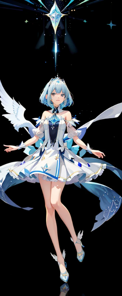 (Full body photo:1.4),white backgrounid,(1 Angel Girl,gleaming silver,diadems,Delicate headgear,ssmile),(paper art,Quilted paper art,geometry),(Lots of colors,Best quality,high detal,tmasterpiece,movie light effect,4K,lightand shade contrast)Sheer tulle dress,Blue socks,Blue straight hair,sorceress woman