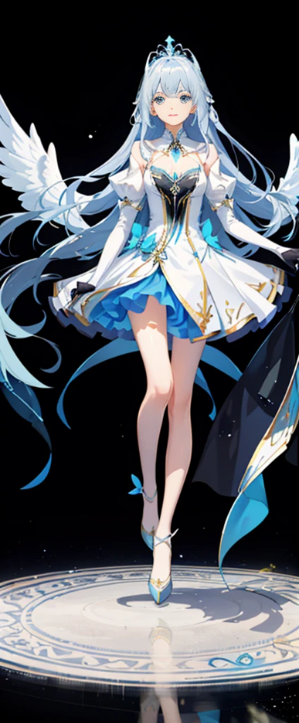 （Full body photo：1.4），white backgrounid，（1 Angel Girl，gleaming silver，diadems，Delicate headgear，ssmile），（paper art，Quilted paper art，geometry），（Lots of colors，Best quality，high detal，tmasterpiece，movie light effect，4K，lightand shade contrast）Sheer tulle dress，Blue socks，Blue straight hair，sorceress woman