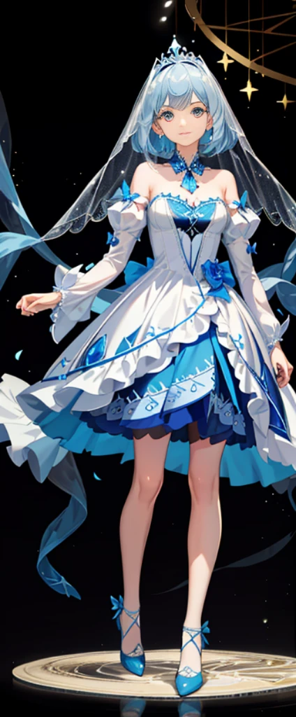 a cute girl with long light blue hair, wearing white-top dress and diamond-shaped dark blue skirt and light blue shoes