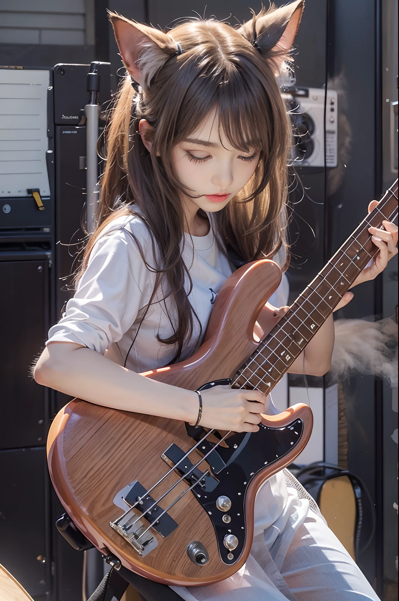 Woman playing bass live、brunette disheveled hair、Intricate 4-string bass:1.2、Anatomically correct fingers、Fender Precision Base、Only one base、Cat's ears